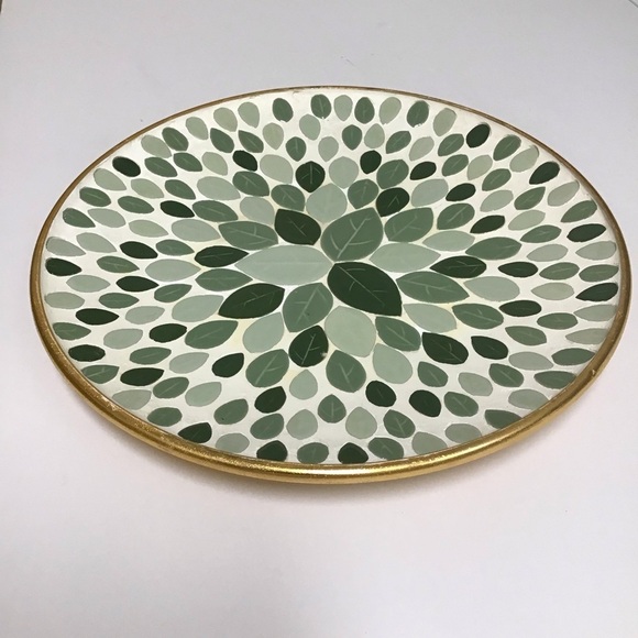 Mid Century Modern Mosaic Tile Round Plate 12” Console Green Leaves Art Vintage - Picture 14 of 16